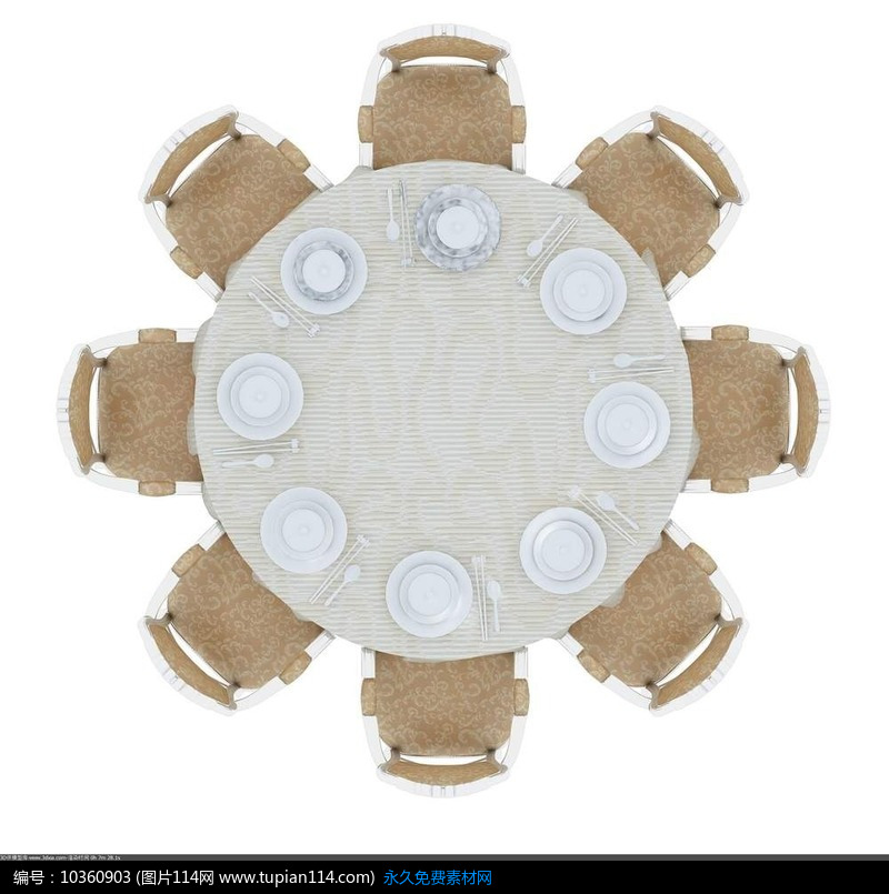 八人圆形餐桌椅样式布置俯视图PSD素材