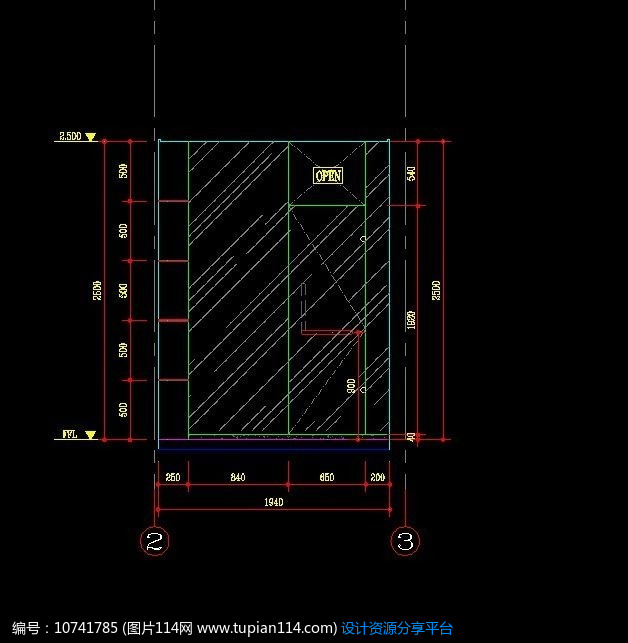 别墅卫生间淋浴玻璃门立面图