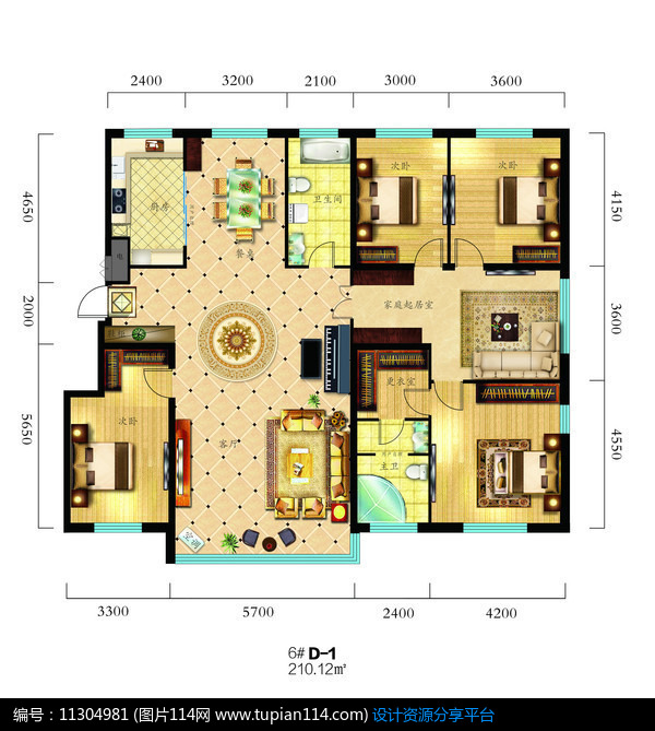 四室两厅超大户型平面图,3d模型免费下载,3dmax模型