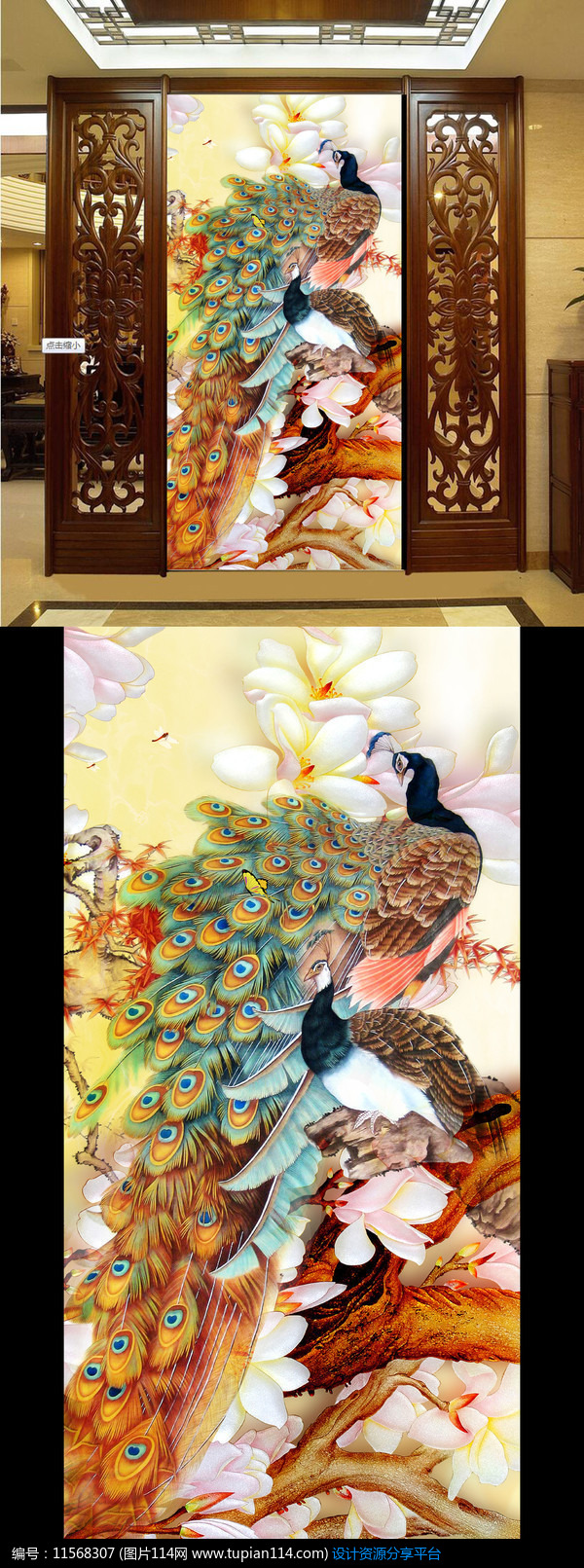 国画孔雀图玄关壁画