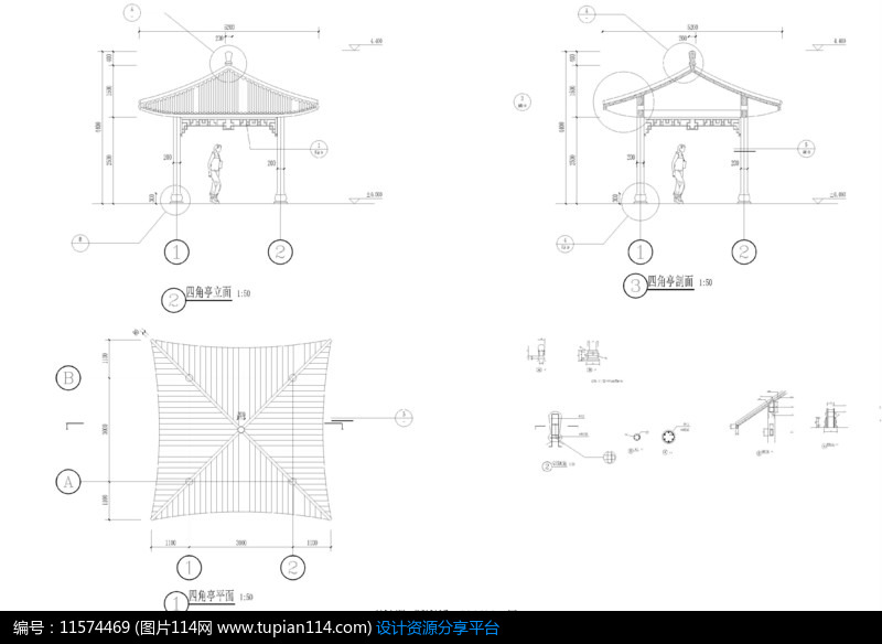 古建四角亭平立面图cad