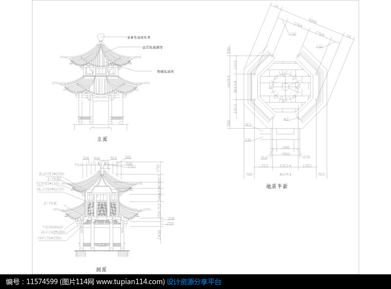 双层古建亭子平立剖面图cad