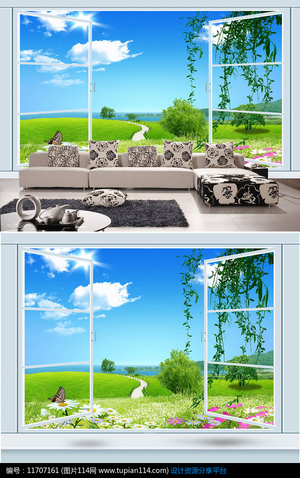 3d立体窗户花丛草地背景墙设计素材免费下载_其他设计