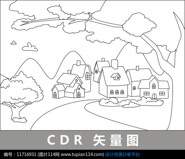 [原创] 大树后的村庄线描插画