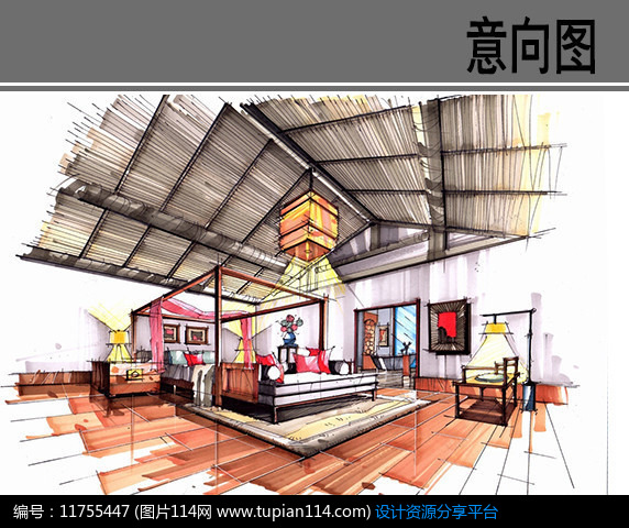 新中式卧室手绘效果图