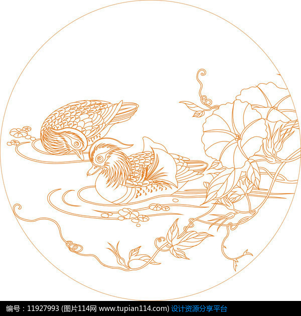 鸳鸯戏水线描雕刻图案