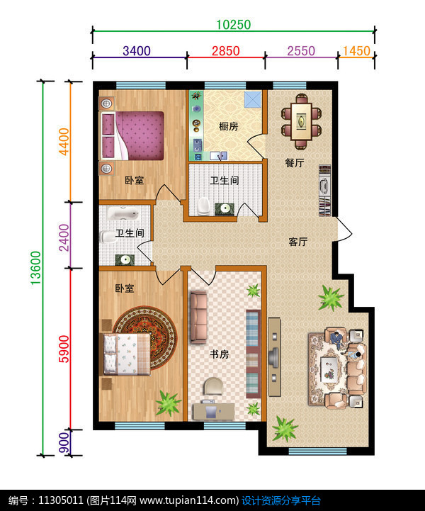 三室两厅两卫户型图,3d模型免费下载,3dmax模型,材质贴图,cad图库大全